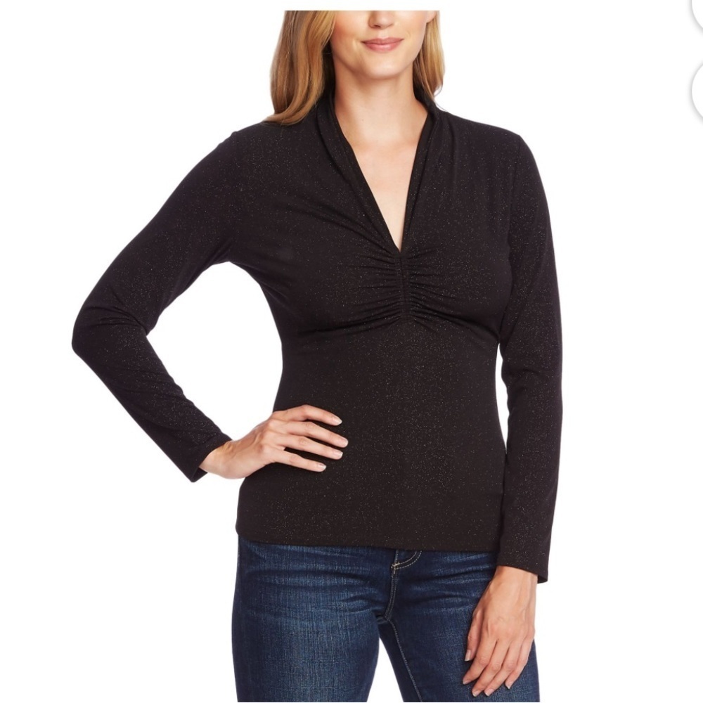 VINCE CAMUTO | Black Glitter Long Sleeve V Neck Blouse